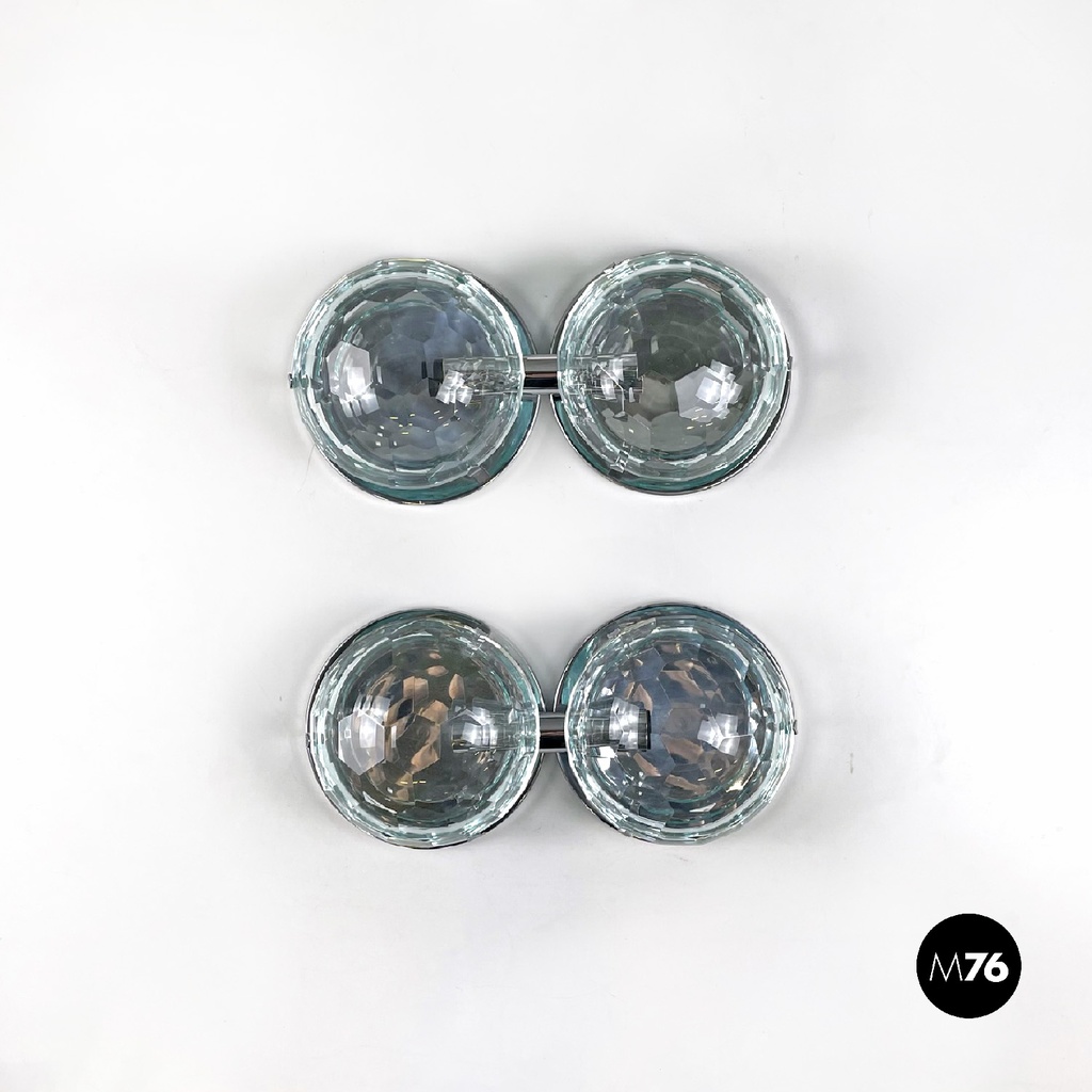 Italian mid-century modern chromed metal and faceted glass wall lights, 1960s