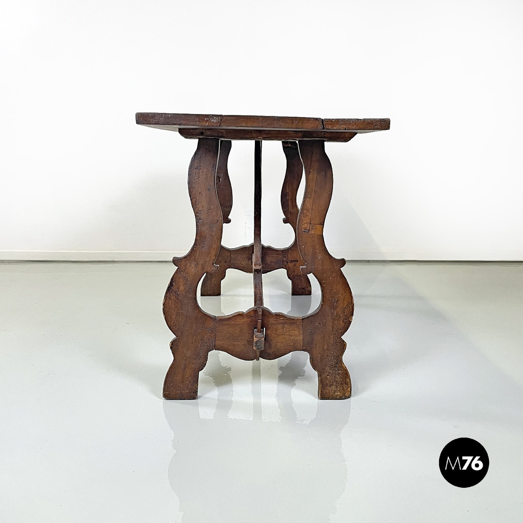 Italian antique wooden table with lyre legs, 1800s 
