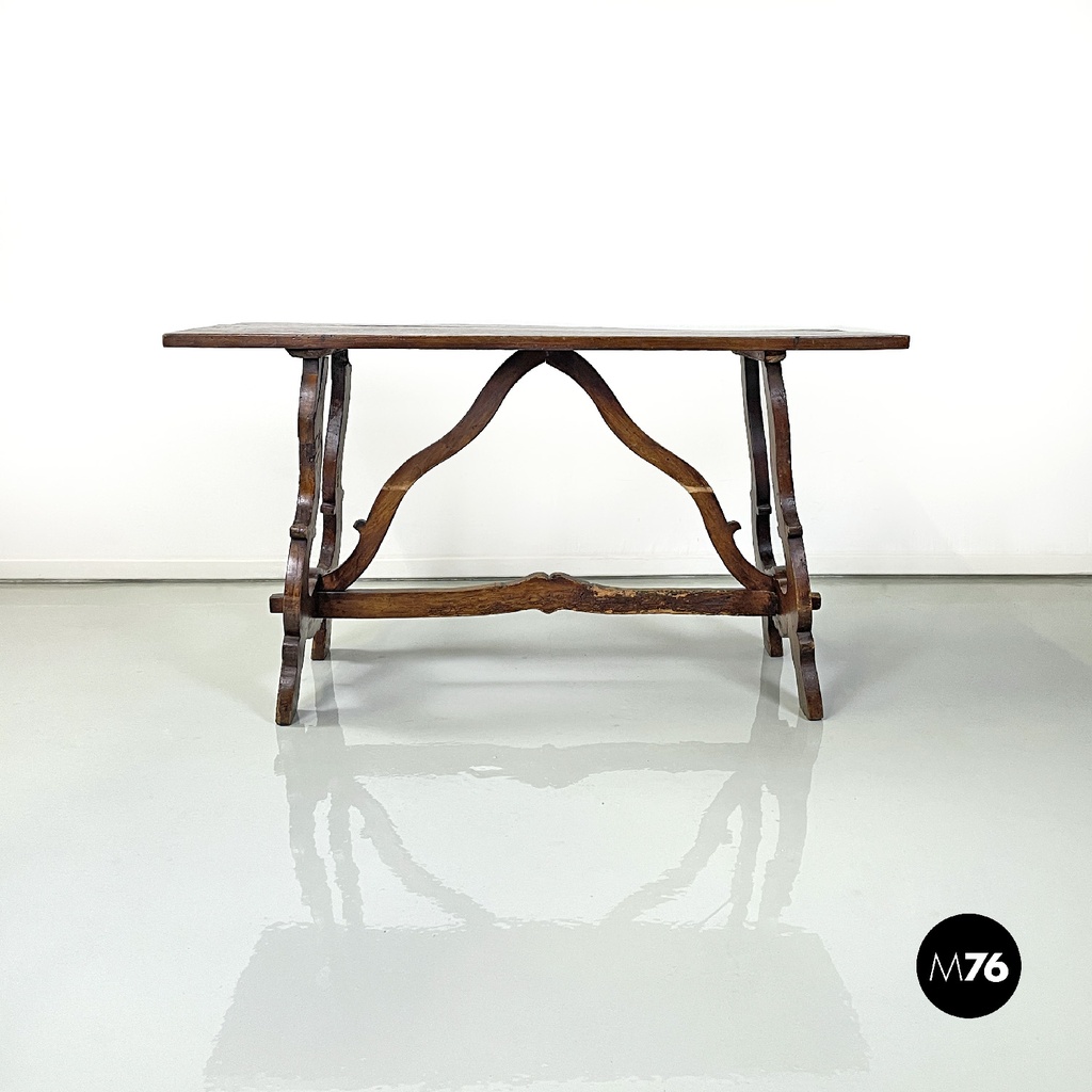 Italian antique wooden table with lyre legs, 1800s 
