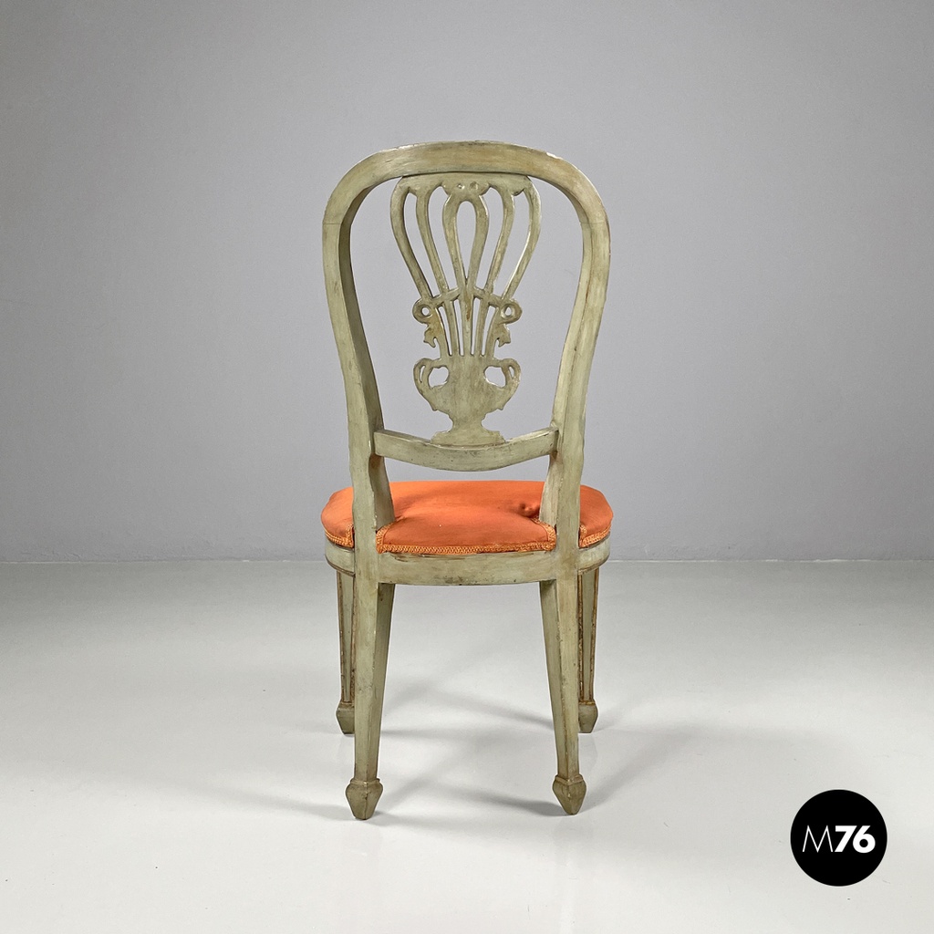 Italian antique green and gold wooden chairs with orange cushions, 1700s