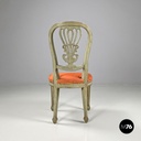 Italian antique green and gold wooden chairs with orange cushions, 1700s