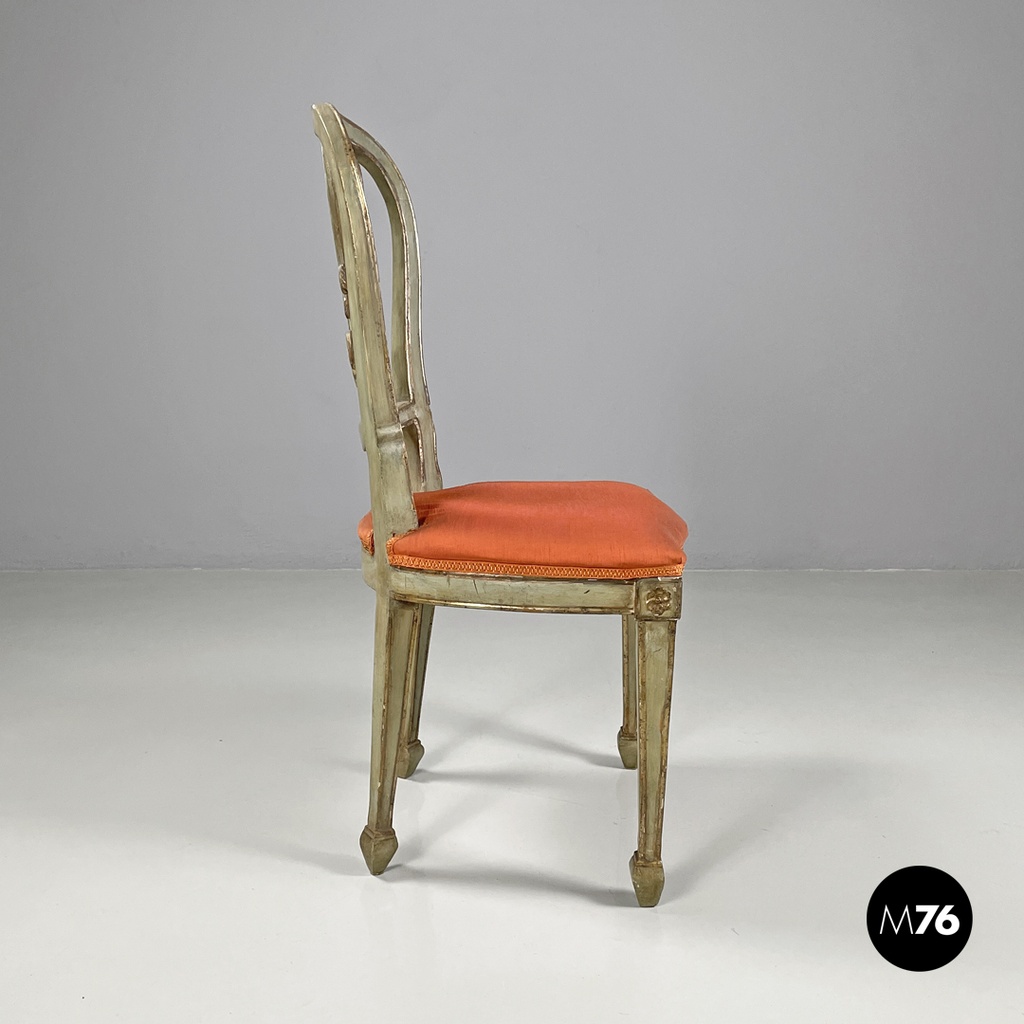 Italian antique green and gold wooden chairs with orange cushions, 1700s