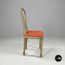 Italian antique green and gold wooden chairs with orange cushions, 1700s