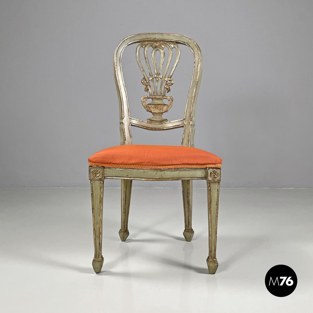Italian antique green and gold wooden chairs with orange cushions, 1700s