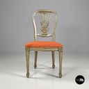 Italian antique green and gold wooden chairs with orange cushions, 1700s