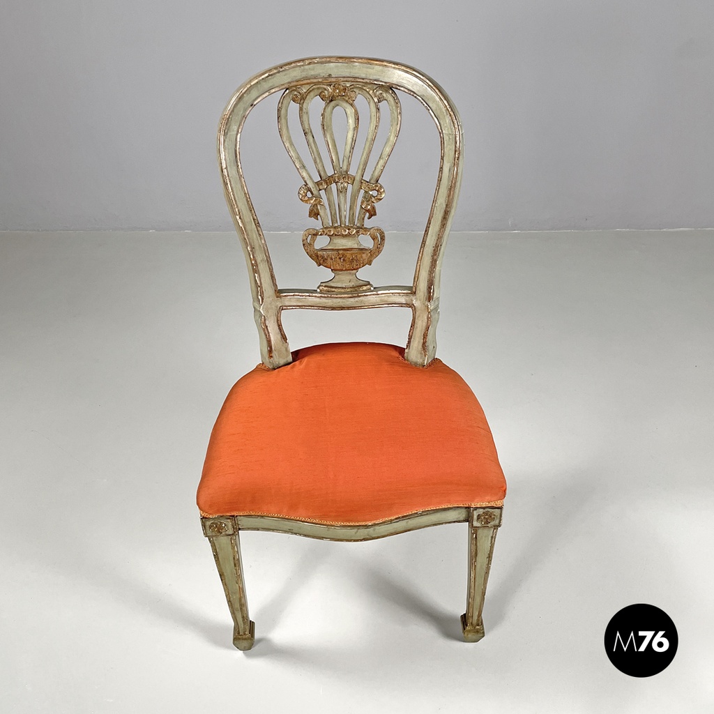Italian antique green and gold wooden chairs with orange cushions, 1700s
