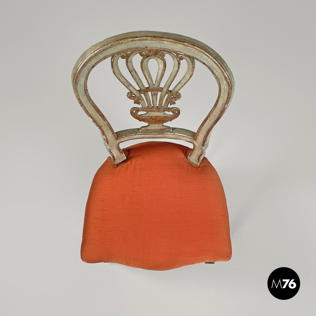 Italian antique green and gold wooden chairs with orange cushions, 1700s