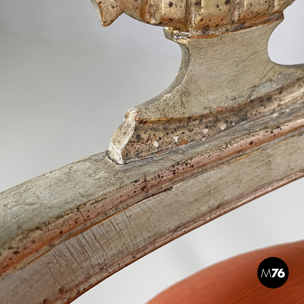 Italian antique green and gold wooden chairs with orange cushions, 1700s