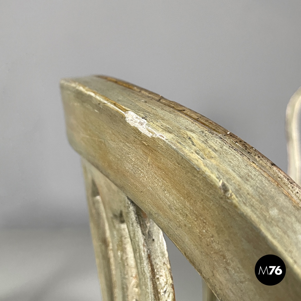 Italian antique green and gold wooden chairs with orange cushions, 1700s
