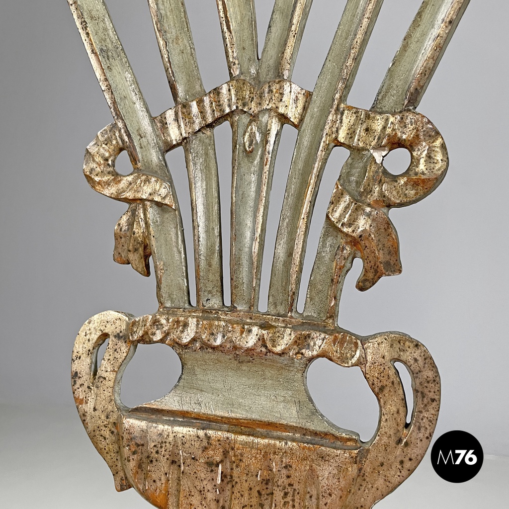 Italian antique green and gold wooden chairs with orange cushions, 1700s