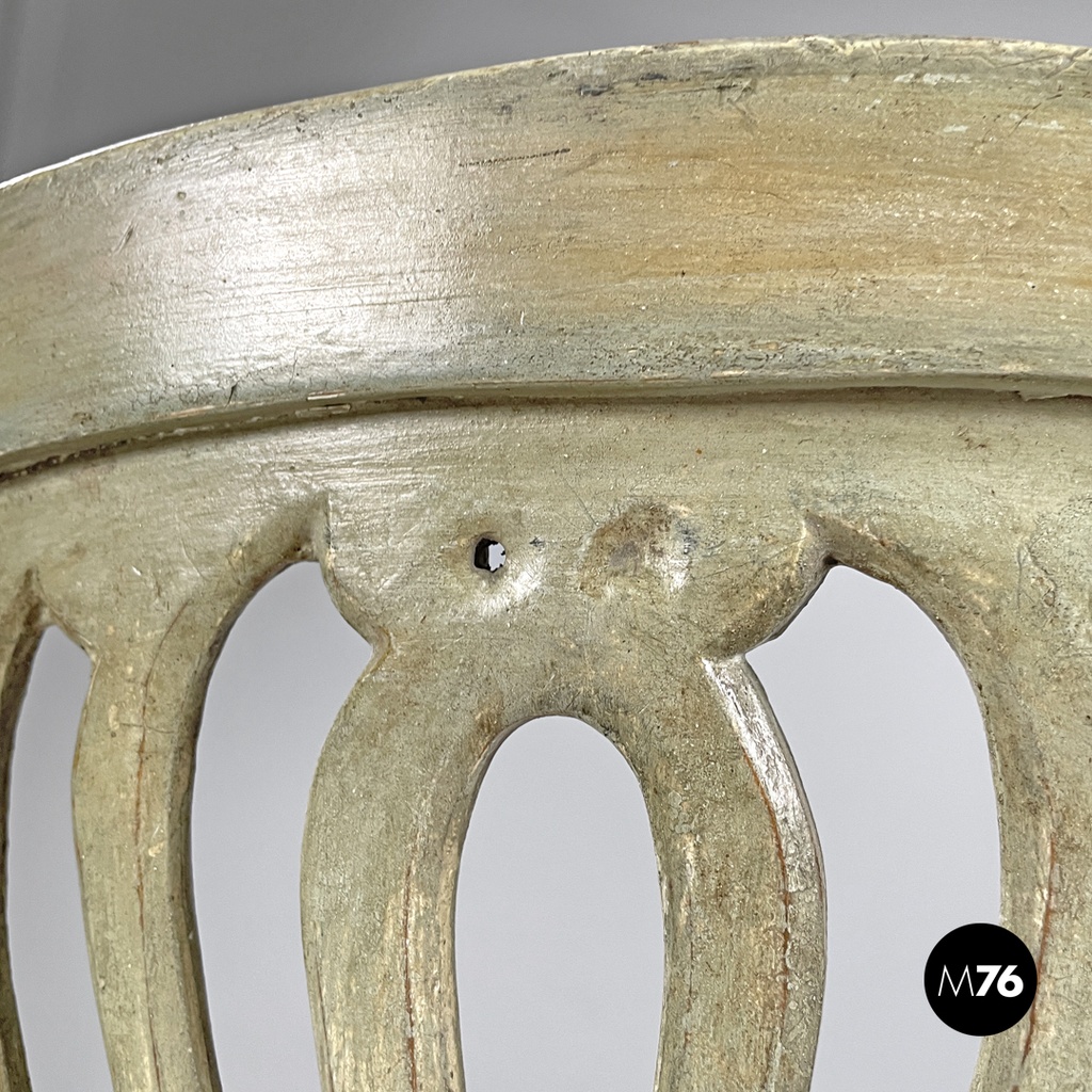 Italian antique green and gold wooden chairs with orange cushions, 1700s