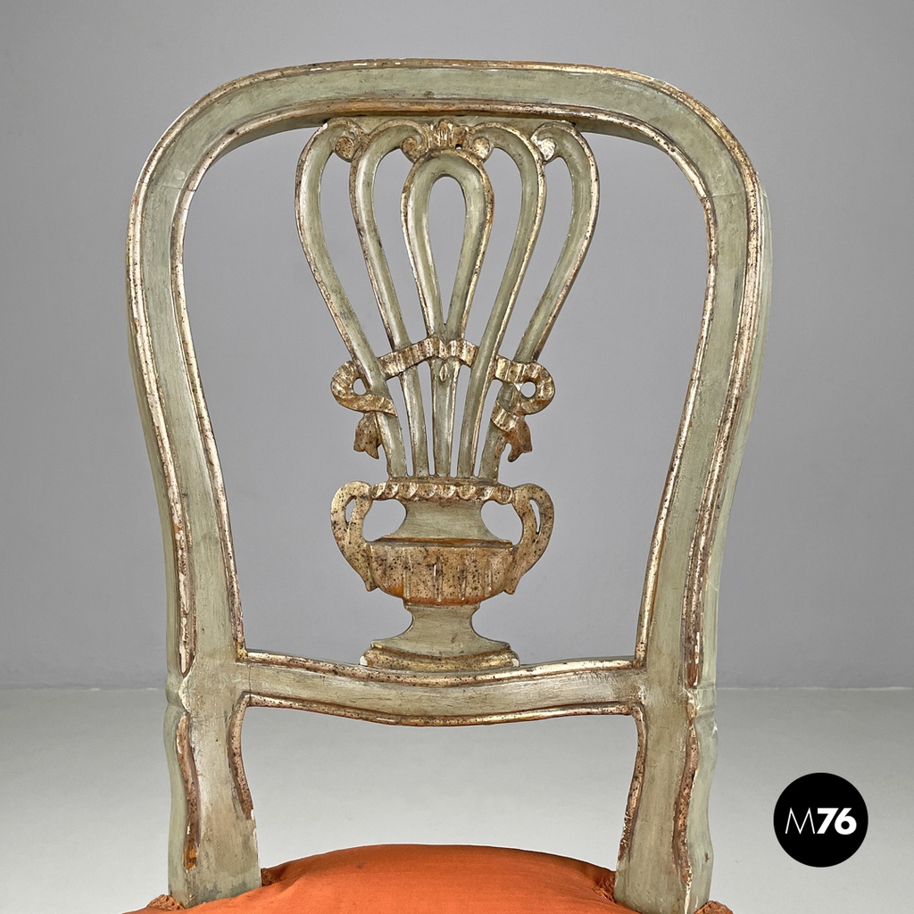 Italian antique green and gold wooden chairs with orange cushions, 1700s