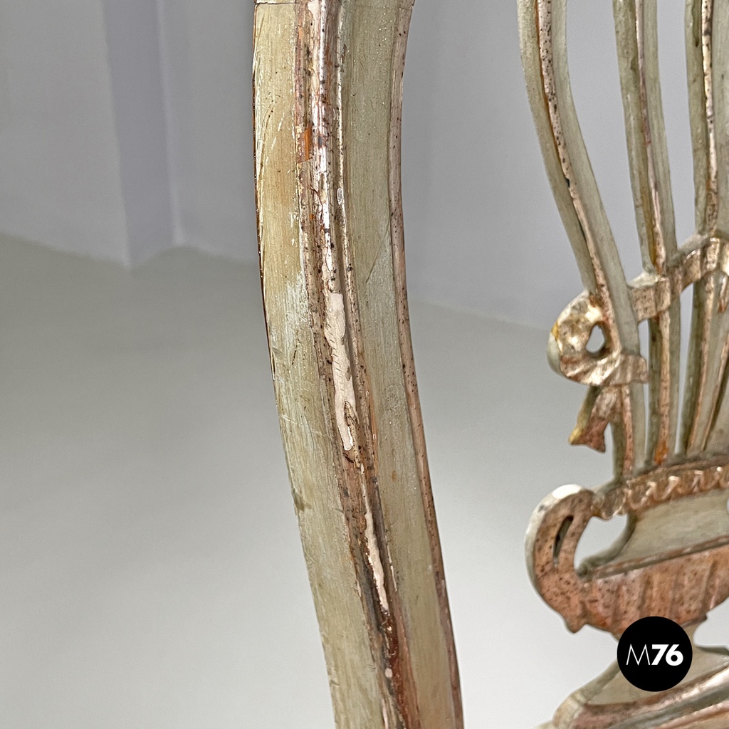 Italian antique green and gold wooden chairs with orange cushions, 1700s