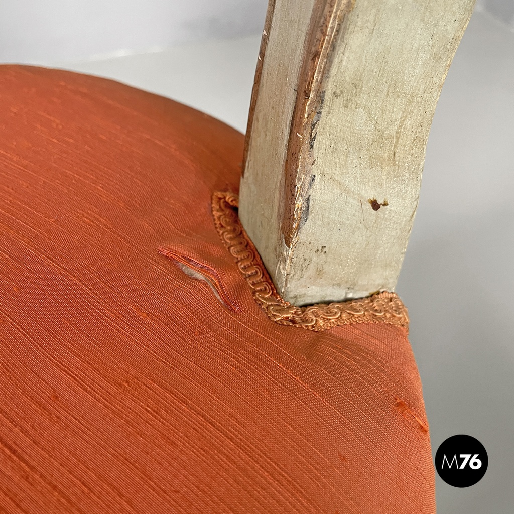 Italian antique green and gold wooden chairs with orange cushions, 1700s