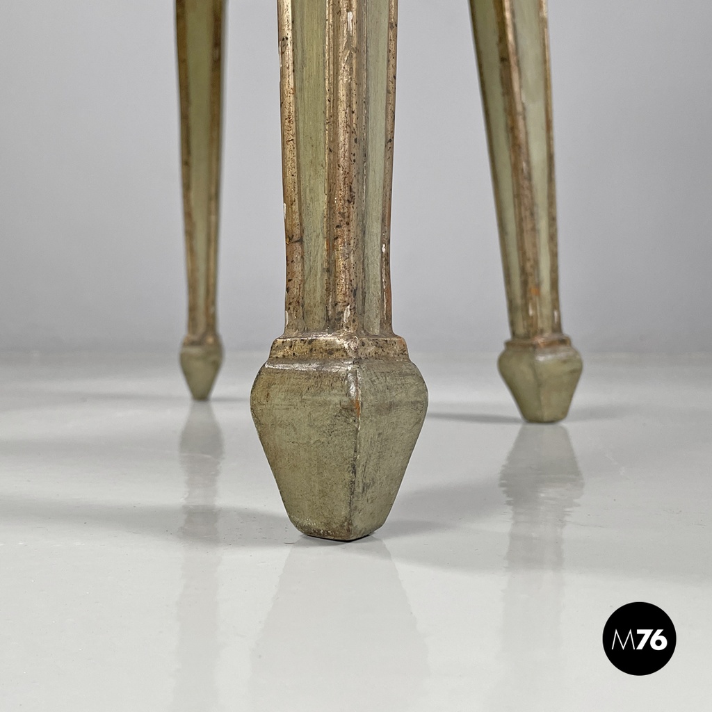 Italian antique green and gold wooden chairs with orange cushions, 1700s