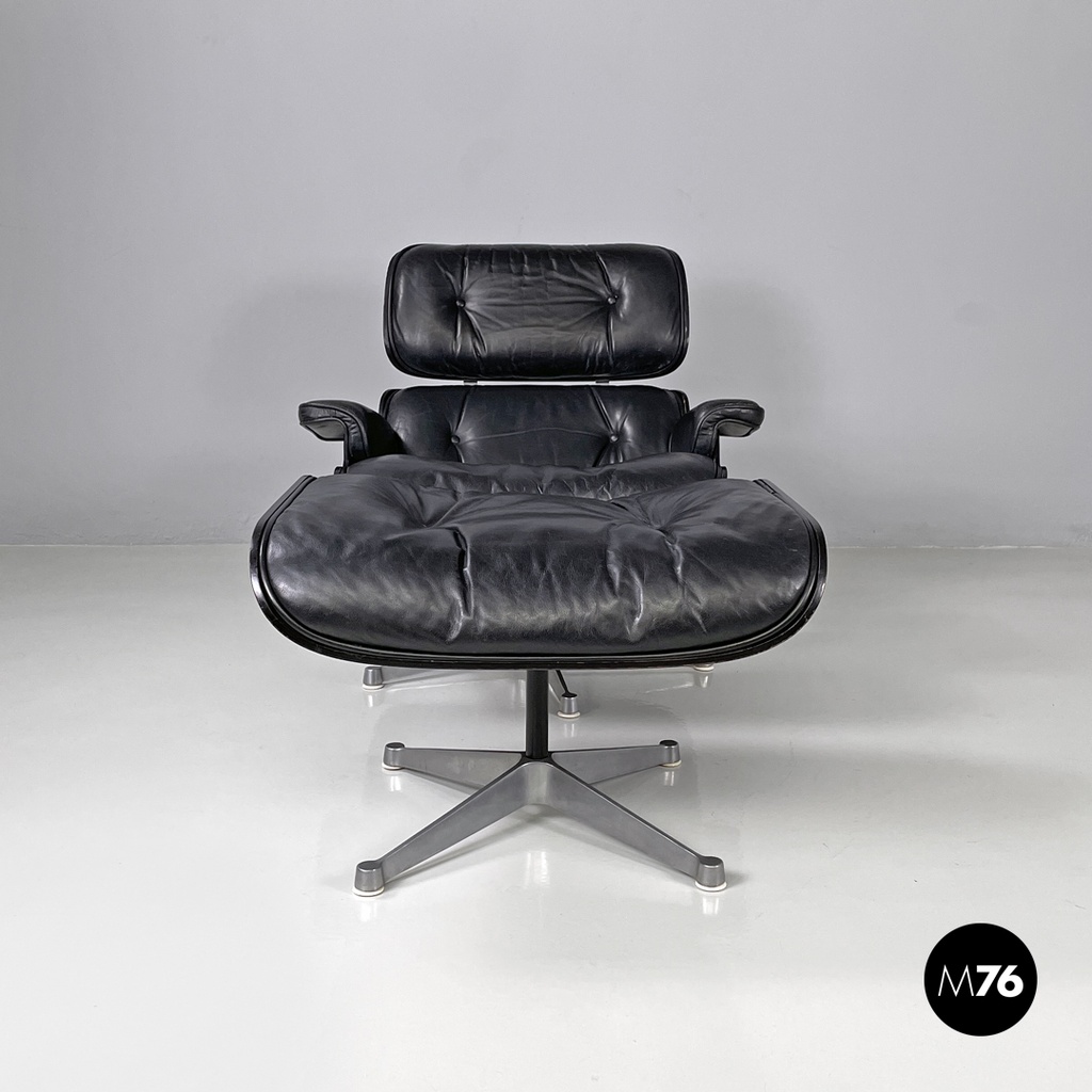 Italian modern black leather lounge chair 670 671 by Eames for ICF, 1970s