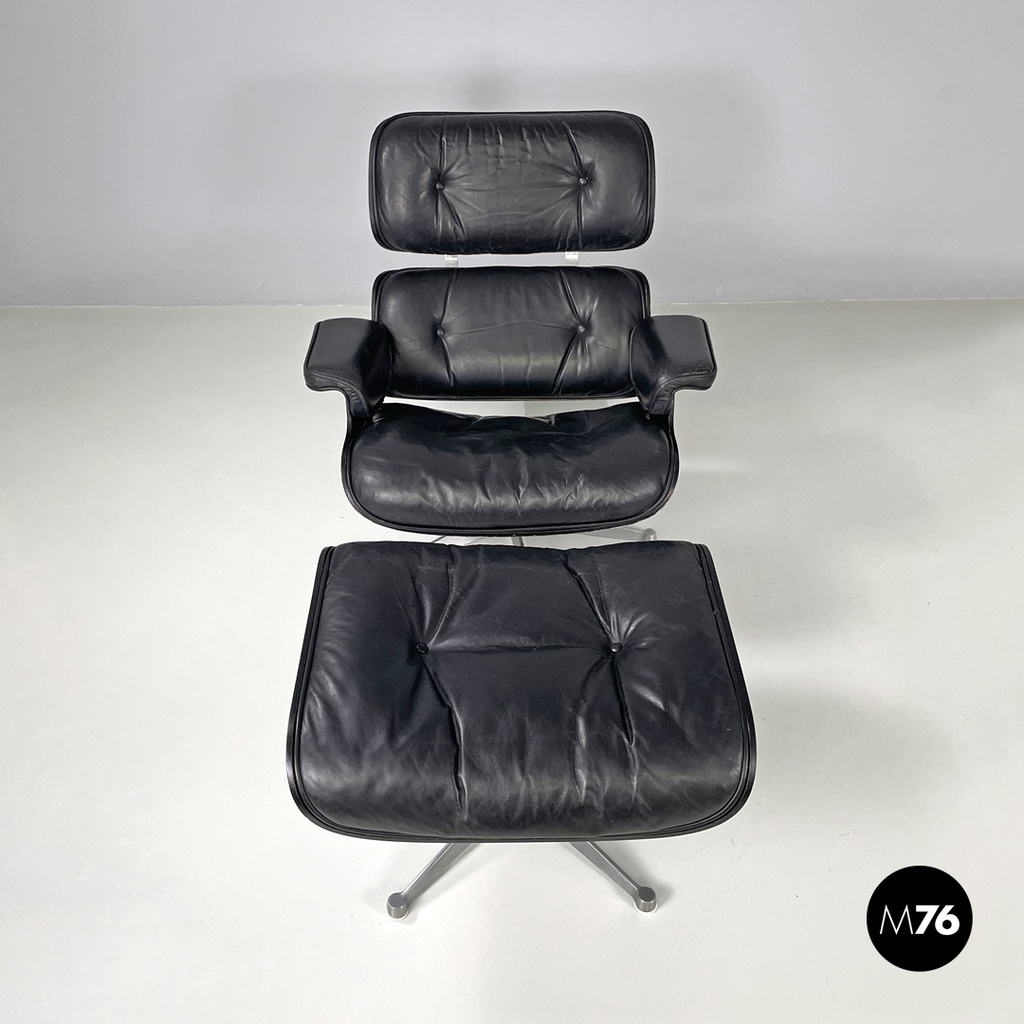 Italian modern black leather lounge chair 670 671 by Eames for ICF, 1970s