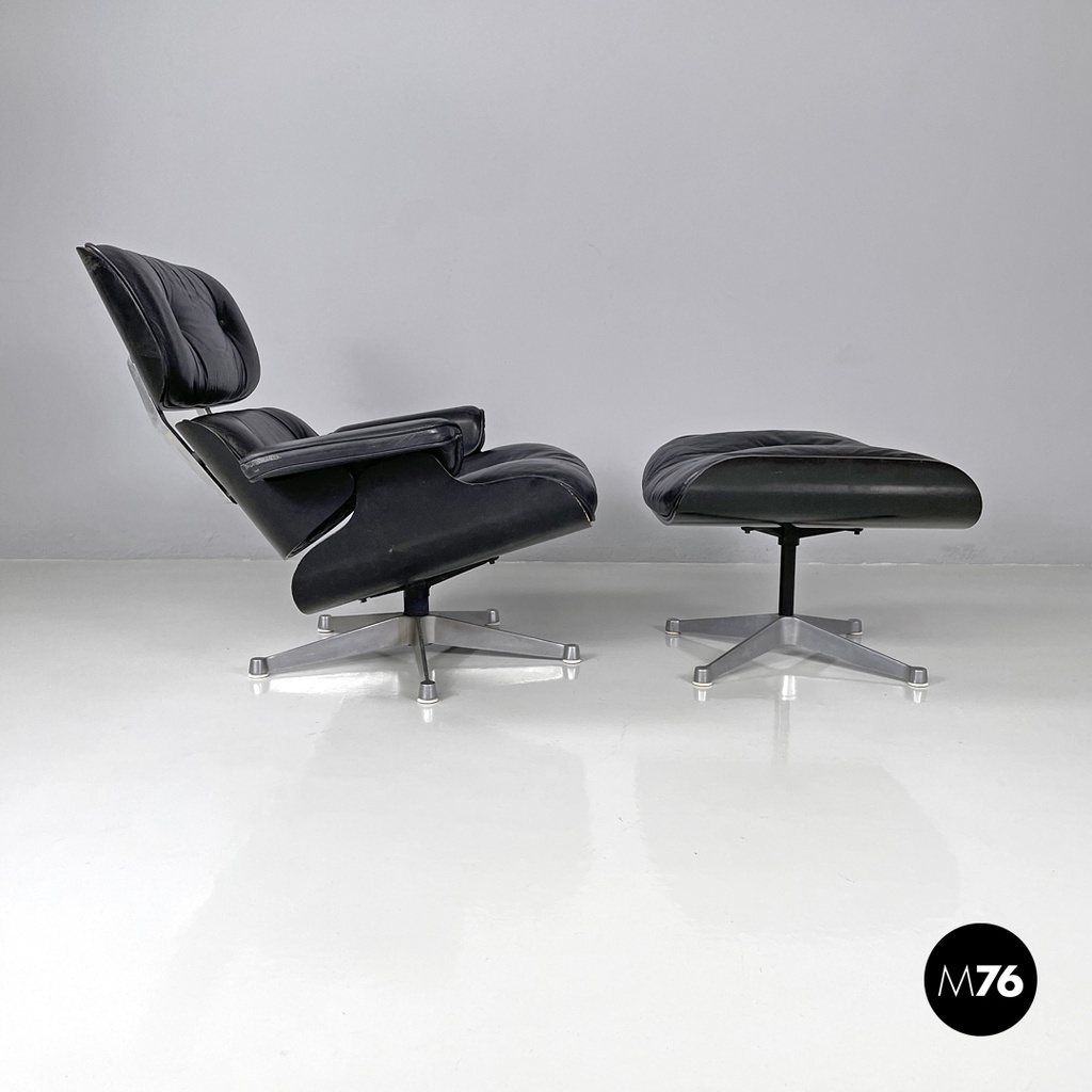 Italian modern black leather lounge chair 670 671 by Eames for ICF, 1970s