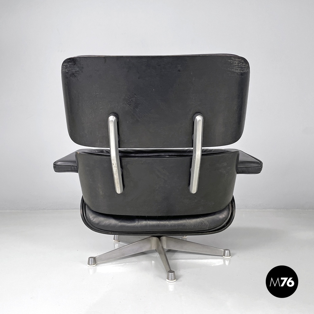 Italian modern black leather lounge chair 670 671 by Eames for ICF, 1970s