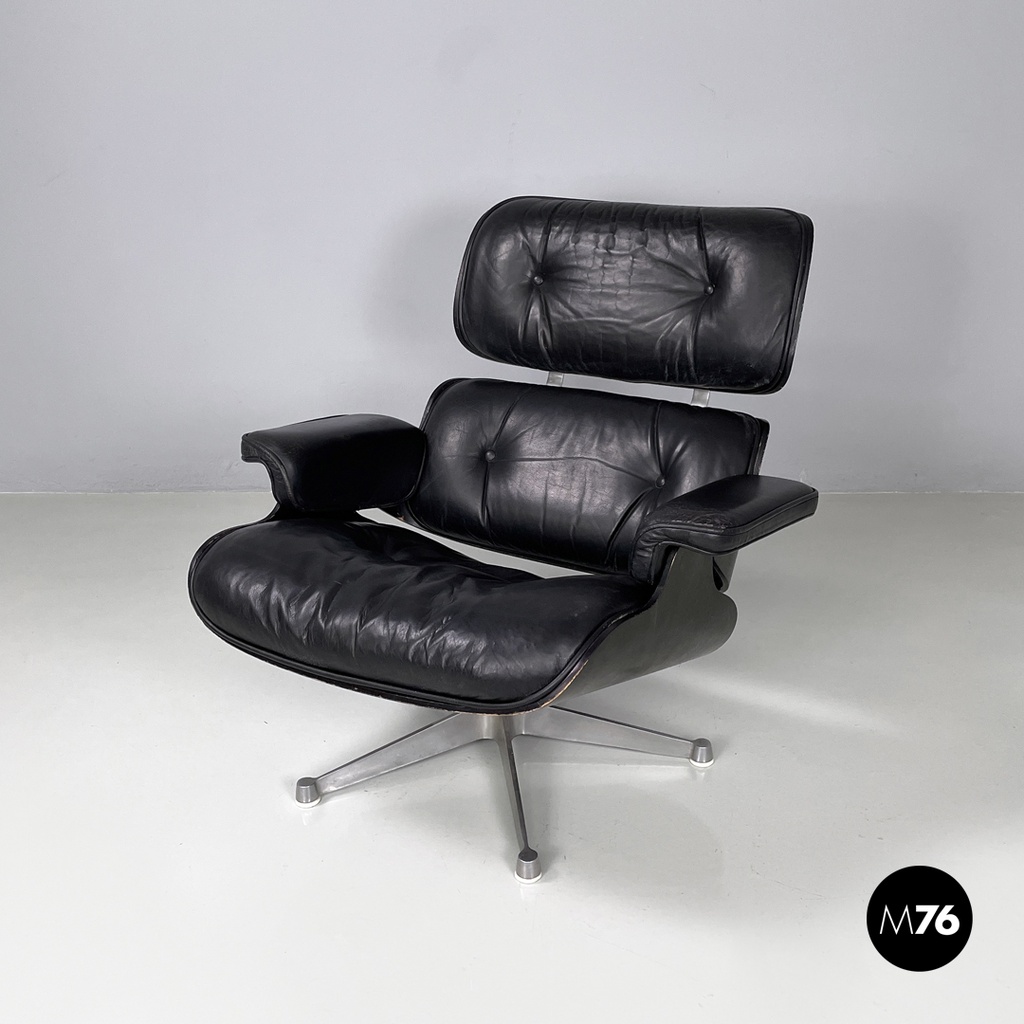 Italian modern black leather lounge chair 670 671 by Eames for ICF, 1970s