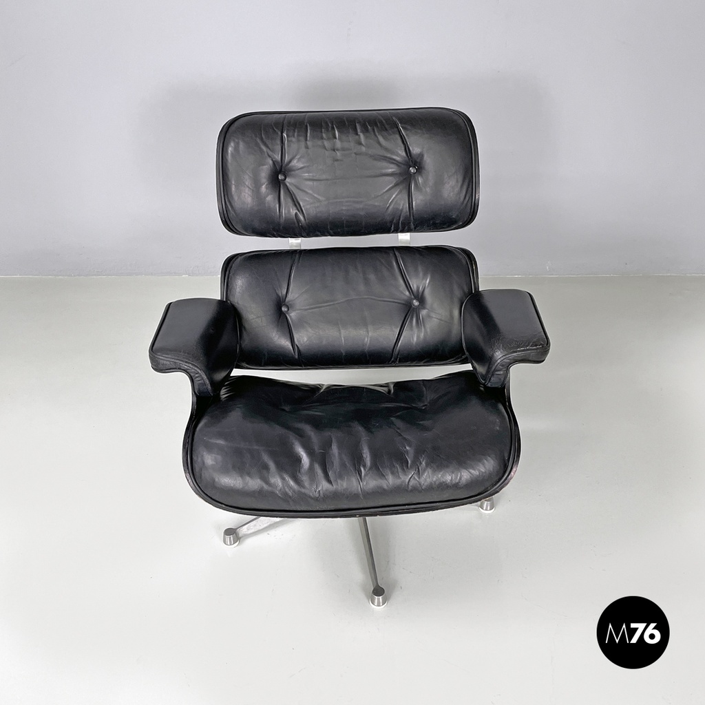 Italian modern black leather lounge chair 670 671 by Eames for ICF, 1970s