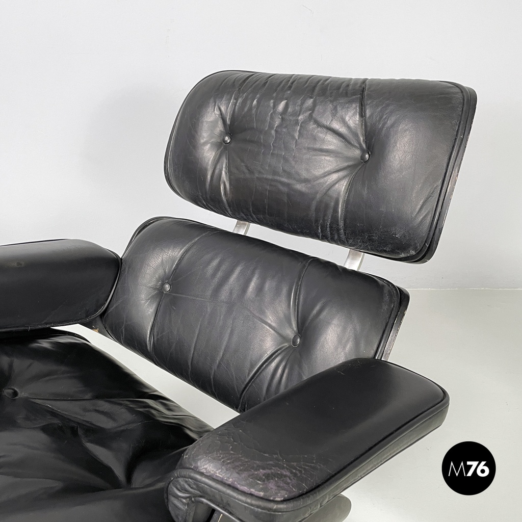 Italian modern black leather lounge chair 670 671 by Eames for ICF, 1970s