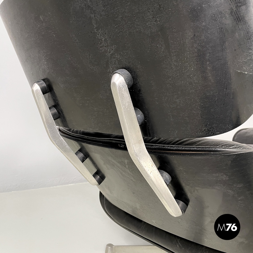 Italian modern black leather lounge chair 670 671 by Eames for ICF, 1970s