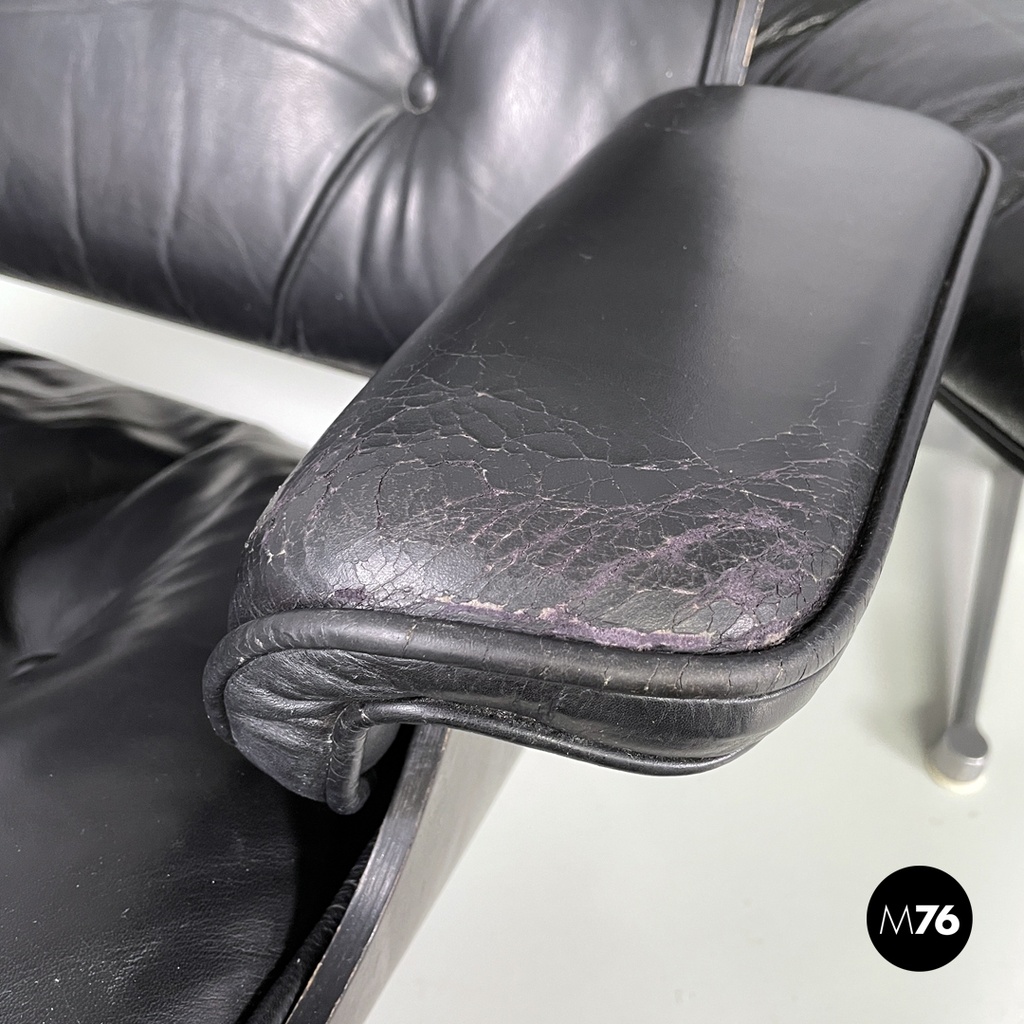 Italian modern black leather lounge chair 670 671 by Eames for ICF, 1970s