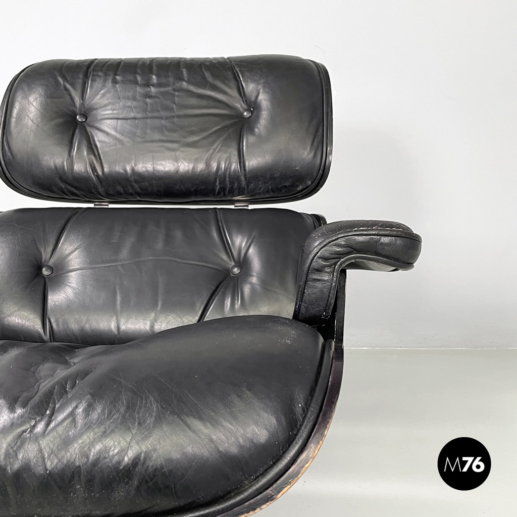 Italian modern black leather lounge chair 670 671 by Eames for ICF, 1970s