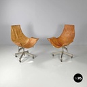 Italian mid-century modern brown leather swivel chairs with wheels, 1950s