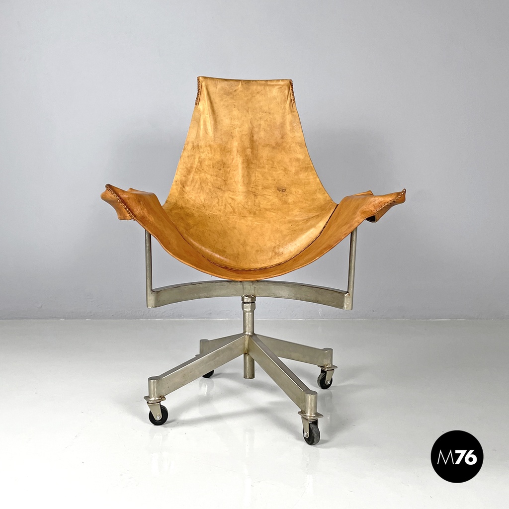 Italian mid-century modern brown leather swivel chairs with wheels, 1950s