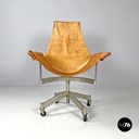 Italian mid-century modern brown leather swivel chairs with wheels, 1950s