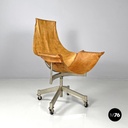 Italian mid-century modern brown leather swivel chairs with wheels, 1950s
