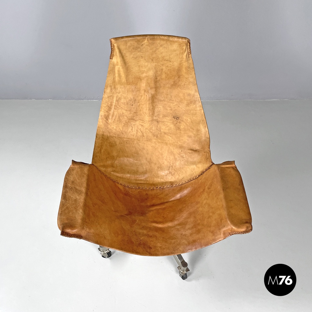 Italian mid-century modern brown leather swivel chairs with wheels, 1950s