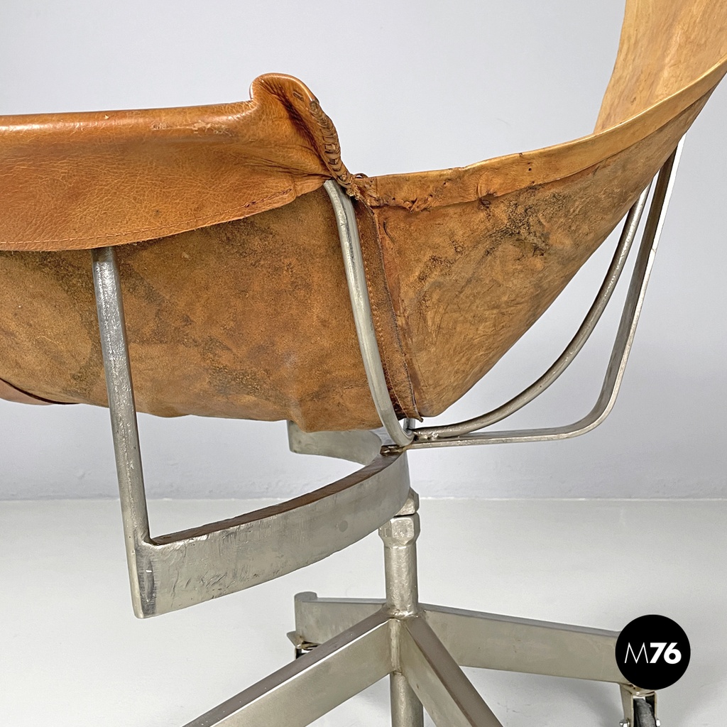 Italian mid-century modern brown leather swivel chairs with wheels, 1950s