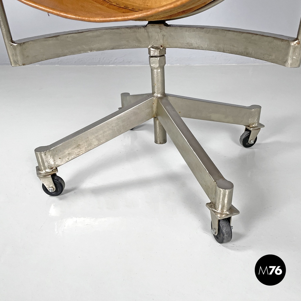 Italian mid-century modern brown leather swivel chairs with wheels, 1950s