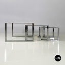 Italian modern Trio of coffee tables in smoked glass and metal, 1980s