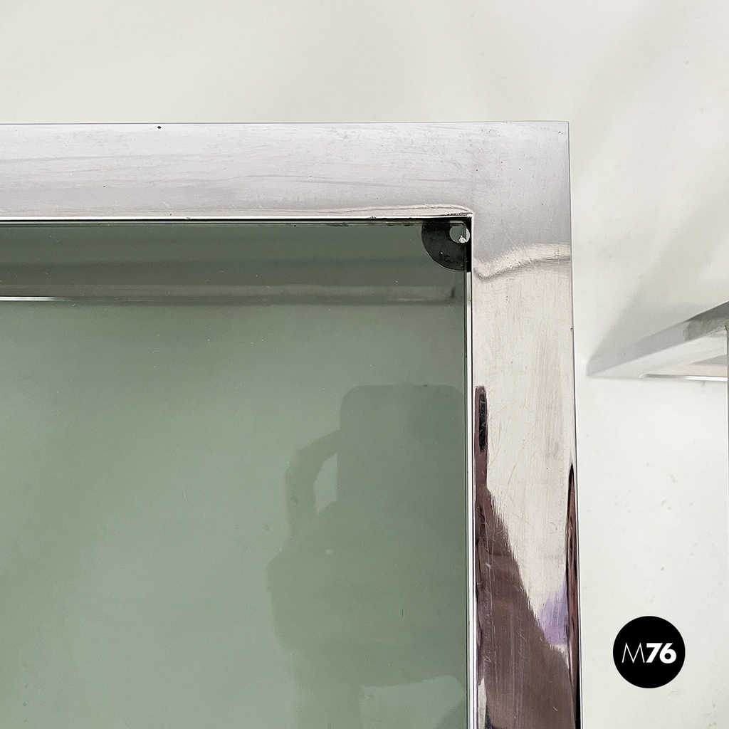 Italian modern Trio of coffee tables in smoked glass and metal, 1980s