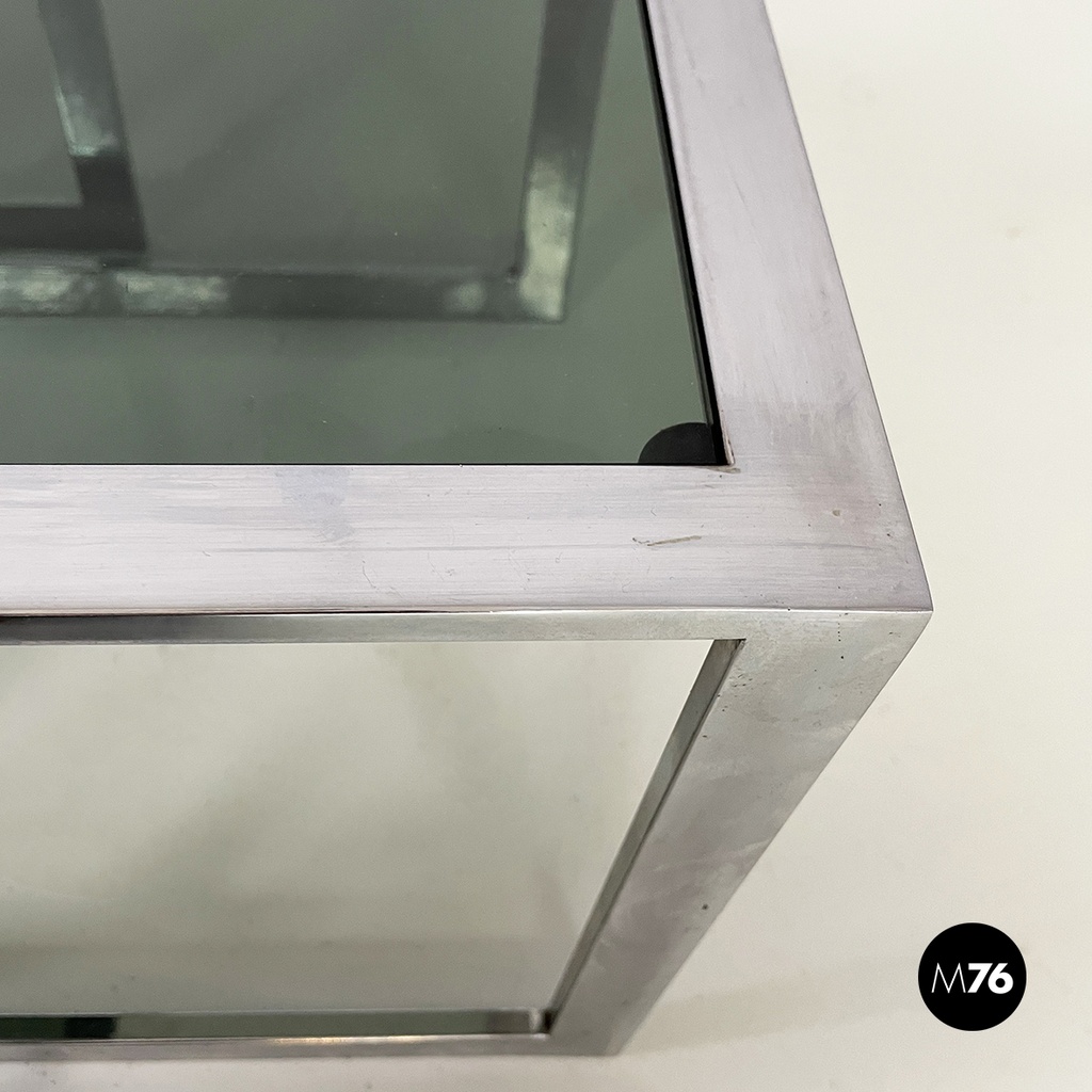 Italian modern Trio of coffee tables in smoked glass and metal, 1980s