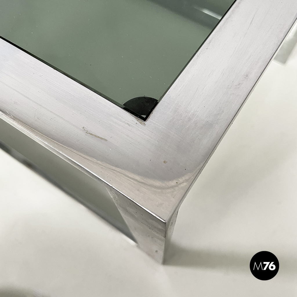 Italian modern Trio of coffee tables in smoked glass and metal, 1980s