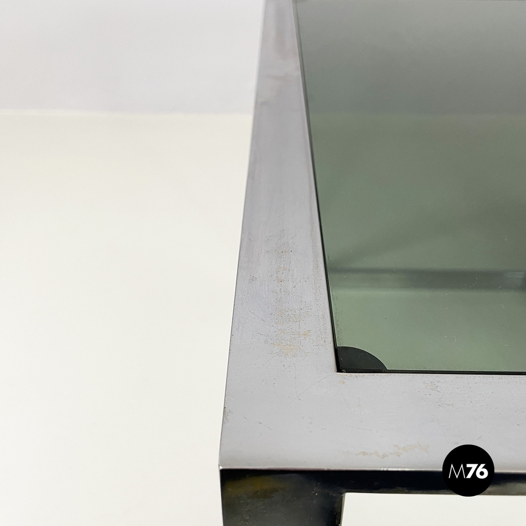 Italian modern Trio of coffee tables in smoked glass and metal, 1980s