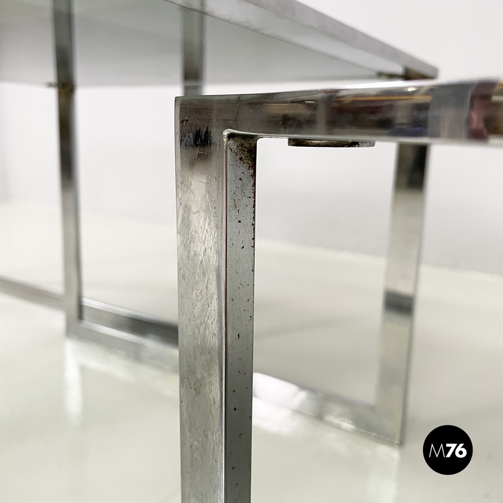 Italian modern Trio of coffee tables in smoked glass and metal, 1980s