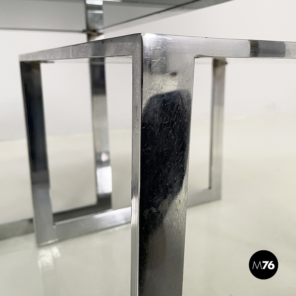 Italian modern Trio of coffee tables in smoked glass and metal, 1980s