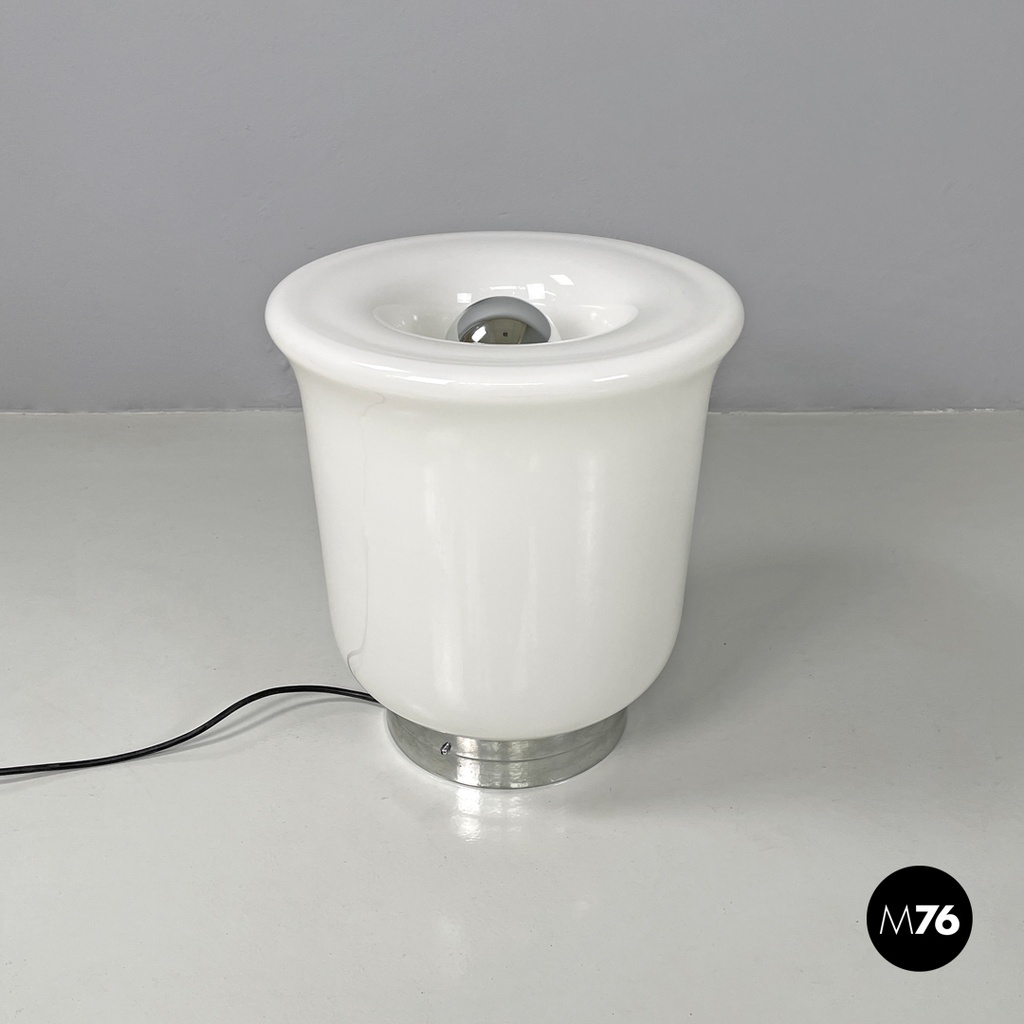 Italian modern round table lamp with curved profiles metal and white glass 1970s