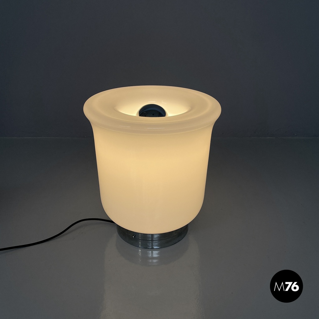 Italian modern round table lamp with curved profiles metal and white glass 1970s