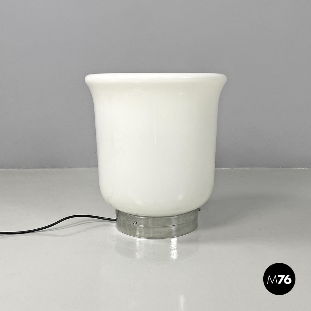 Italian modern round table lamp with curved profiles metal and white glass 1970s