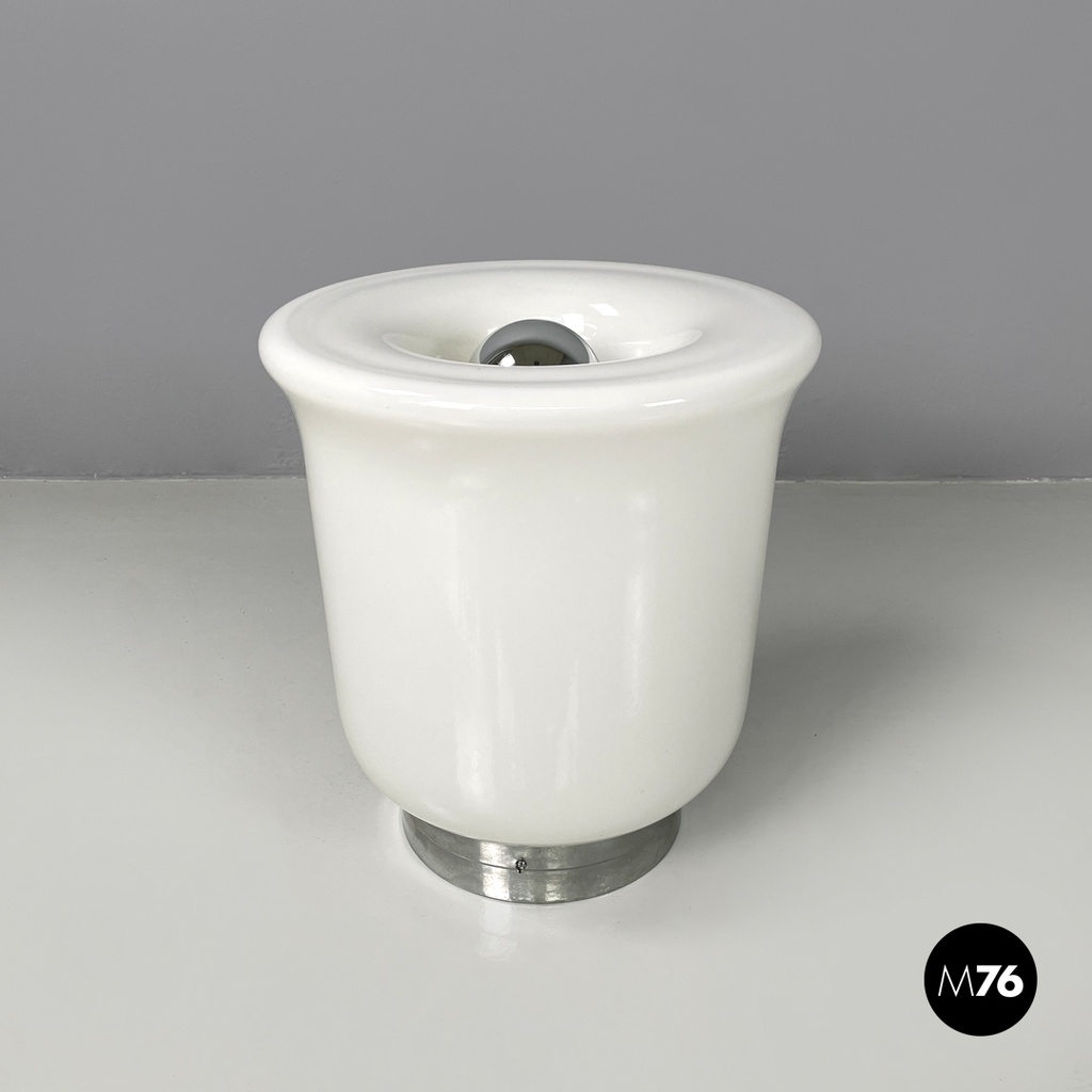 Italian modern round table lamp with curved profiles metal and white glass 1970s