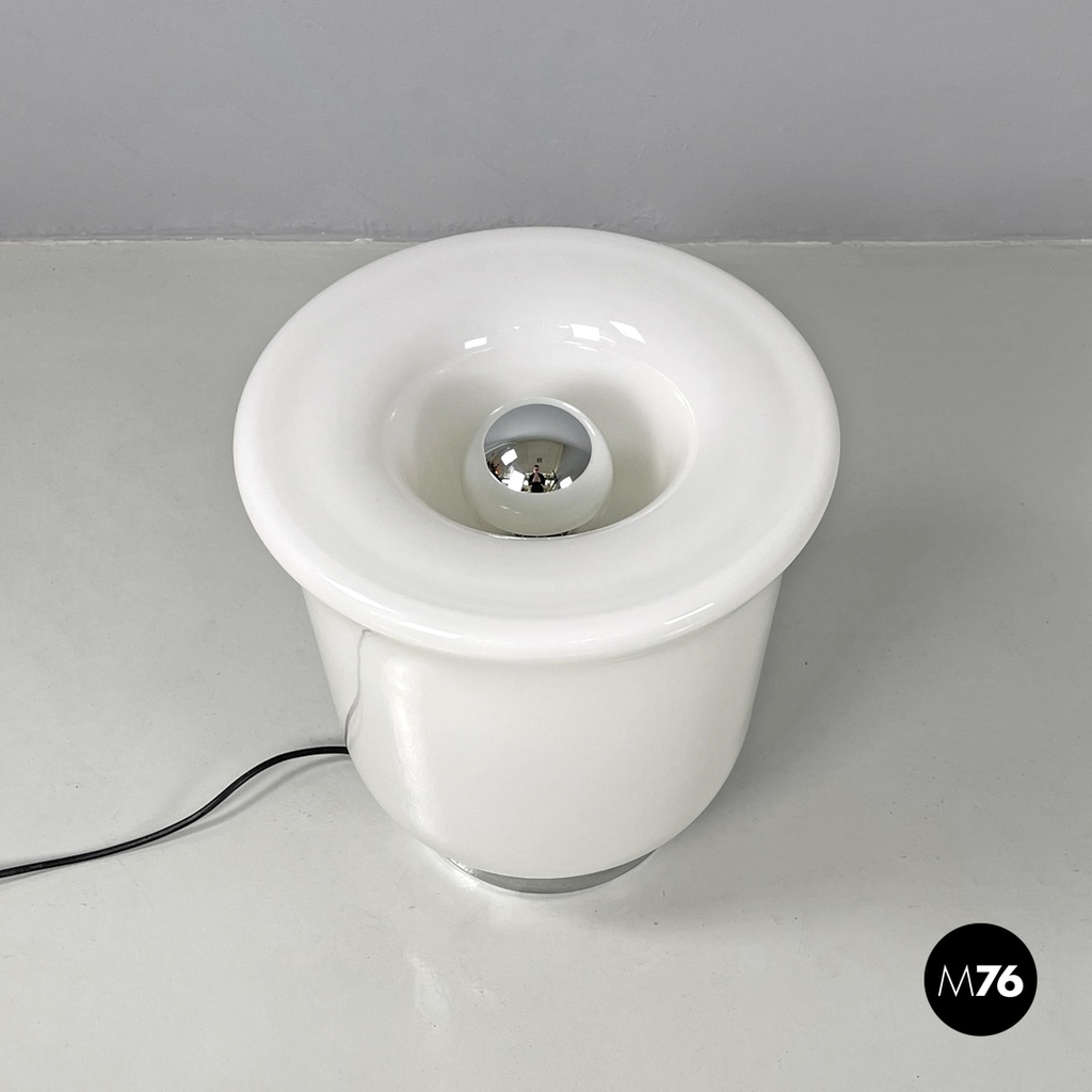 Italian modern round table lamp with curved profiles metal and white glass 1970s