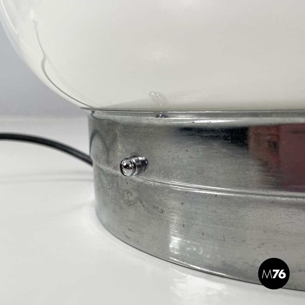 Italian modern round table lamp with curved profiles metal and white glass 1970s
