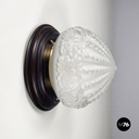 Italian art deco Wall lamp in crafted glass, wood and brass, 1930-1940s